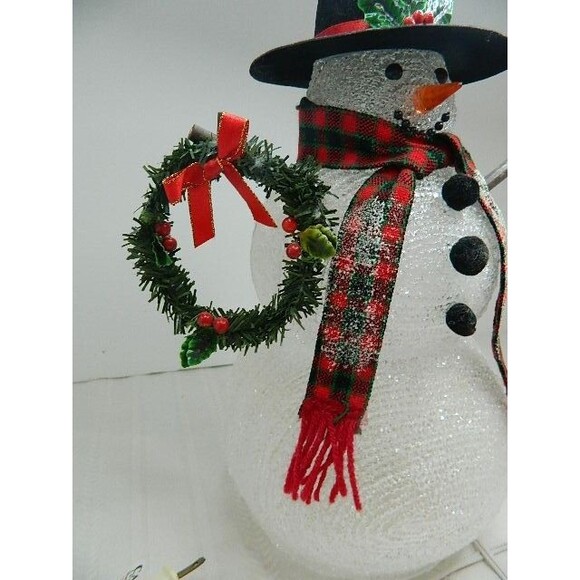 Vintage 13" Light Up Snowman w/Top Hat & Wreath Stick Arms & Scarf - Picture 2 of 12